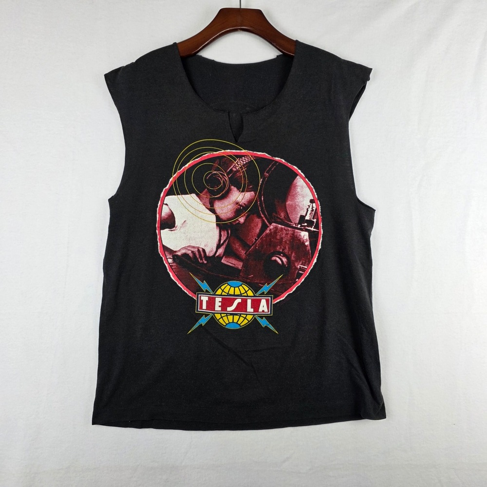 Vintage Tesla World Tour 1989 Sleeveless Concert T-Shirt Black Rock Band S/M